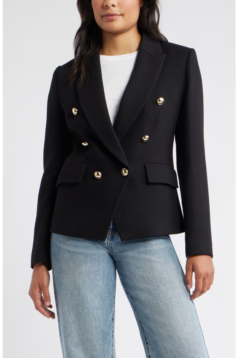 Double Breasted Twill Blazer, Main, color, BLACK