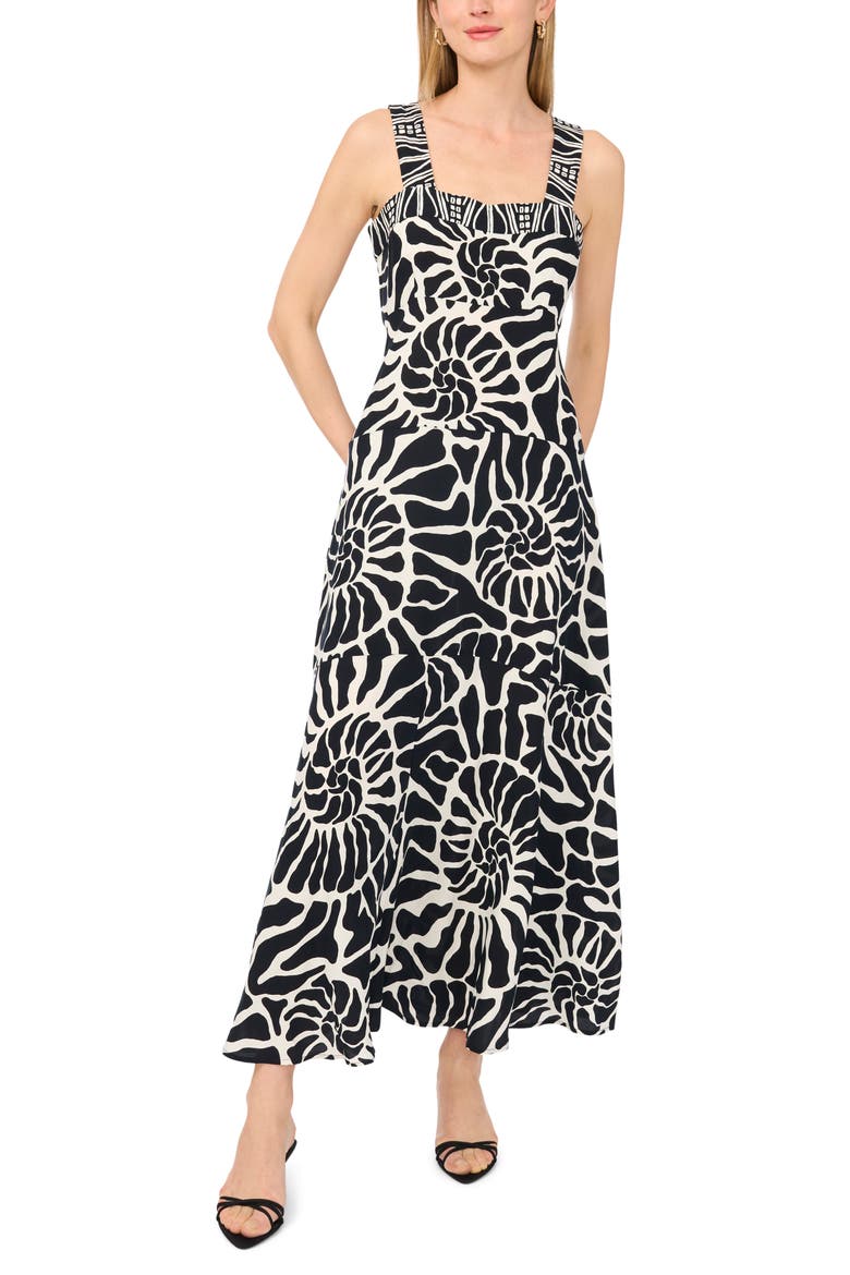 Printed Square Neck Maxi Sundress, Main, color, RICH BLACK
