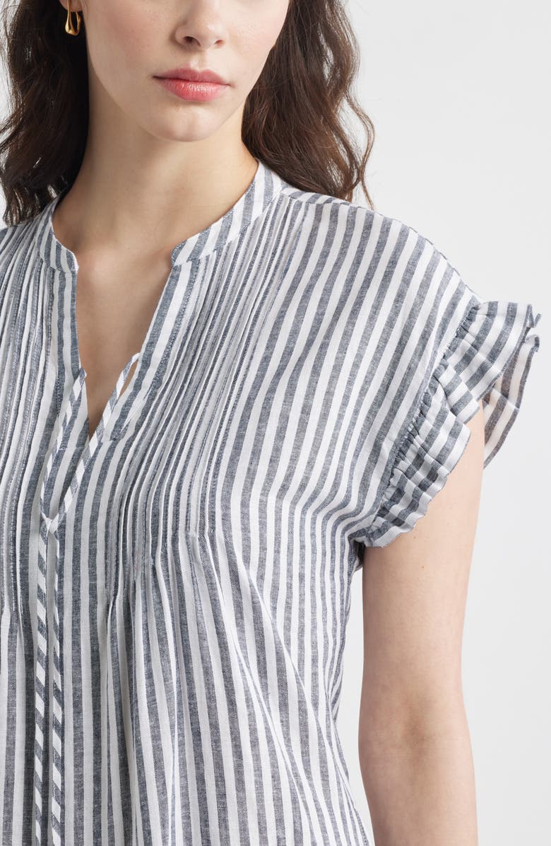 Caslon<sup>®</sup> Stripe Ruffle Sleeve Linen Blend Tiered Dress, Alternate, color, Navy- White Brianne Stripe