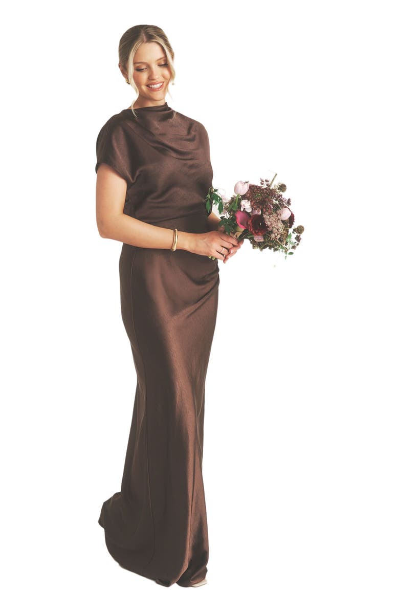 Six Stories Batwing High Neck Satin Bridesmaid Dress, Alternate, color, Chocolate