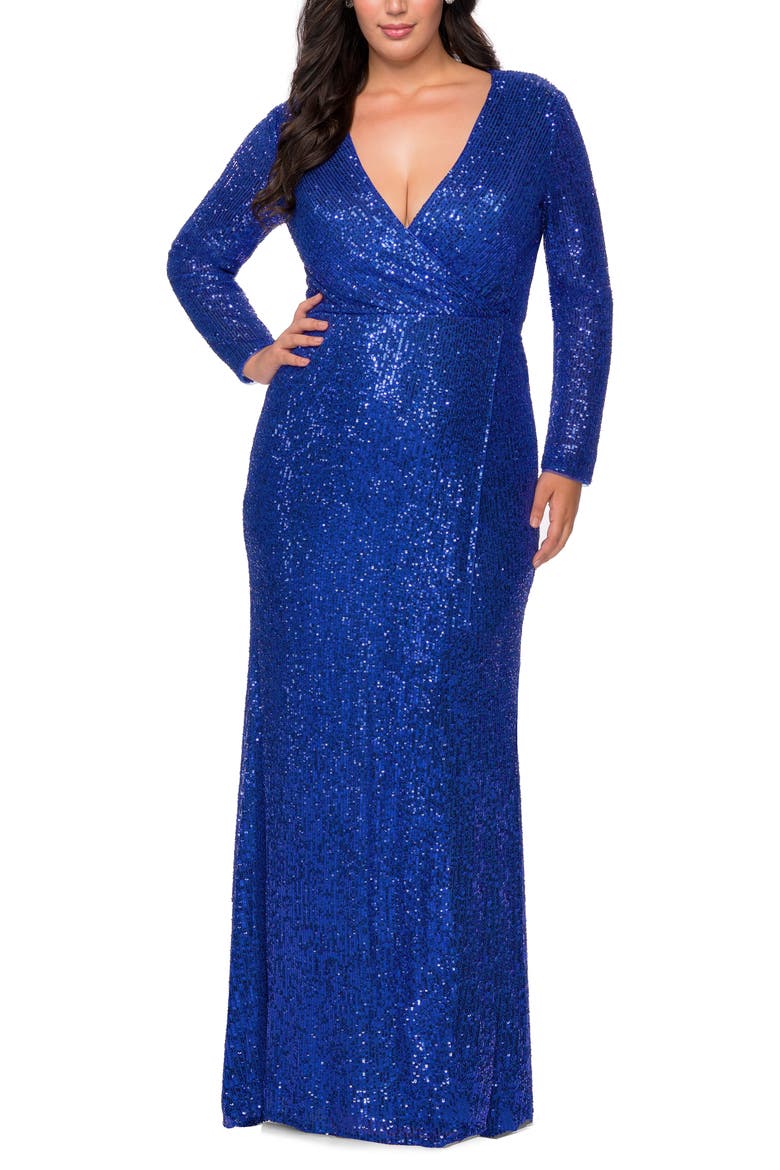 Long Sleeve Sequin Plus Size Dress with Slit, Main, color, ROYAL BLUE