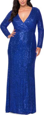La Femme Long Sleeve Sequin Plus Size Dress with Slit