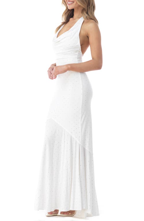 Sky Rhinestone Open Back Halter Gown In White