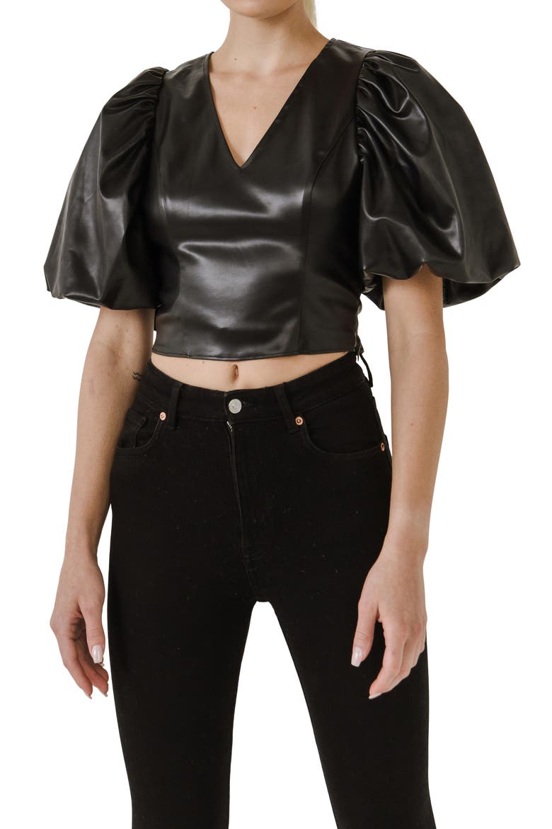 Puff Sleeve Faux Leather Top, Alternate, color, BLACK