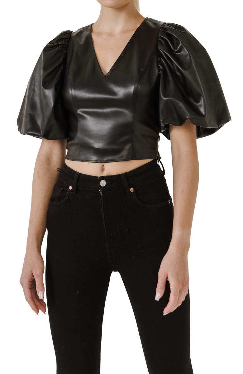 Endless Rose Puff Sleeve Faux Leather Top, Alternate, color, Black