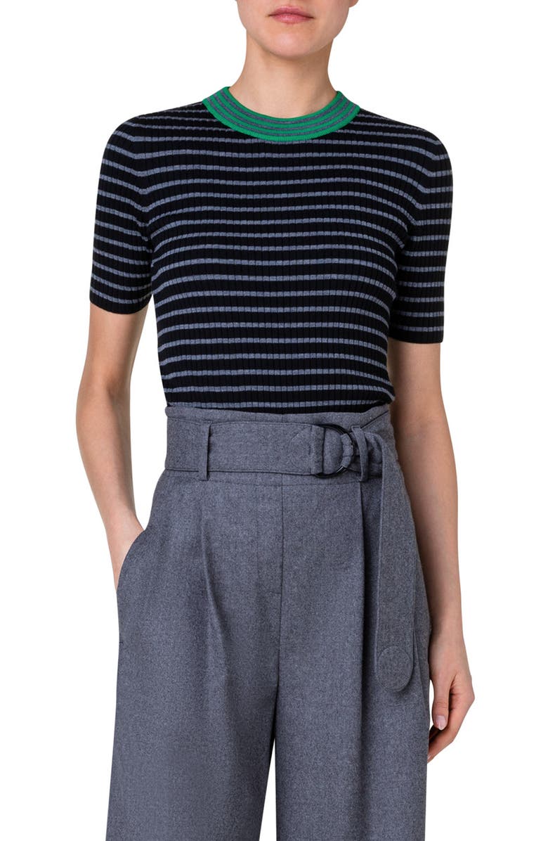 Akris punto Stripe Rib Short Sleeve Virgin Merino Wool Sweater, Main, color,