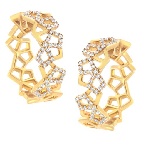 14K Yellow Gold 3/4 Cttw Diamond Honeycomb Hoop Earrings - 24MM