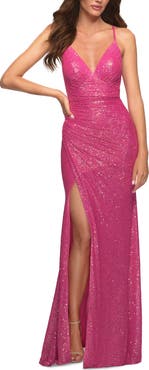 La Femme Open Back Wrap Style Sequin Dress in Neon Pink