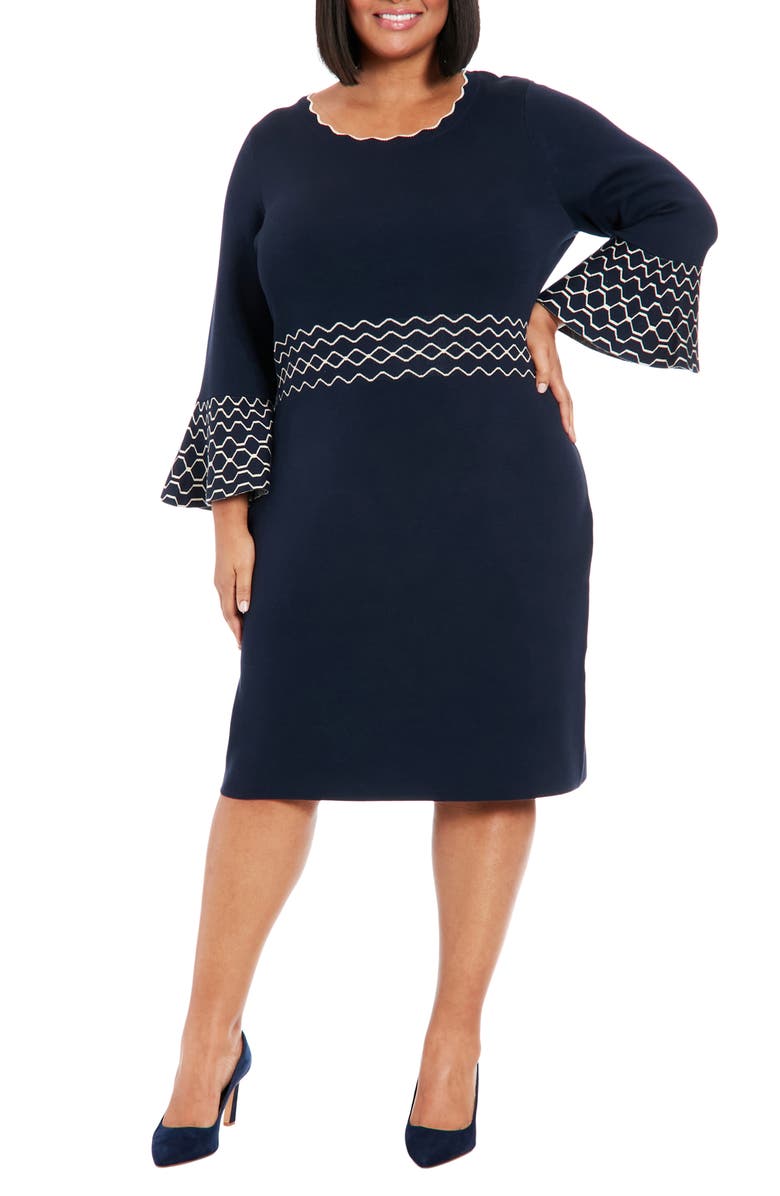 London Times Piped Bell Sleeve Sweater Dress, Main, color, Navy