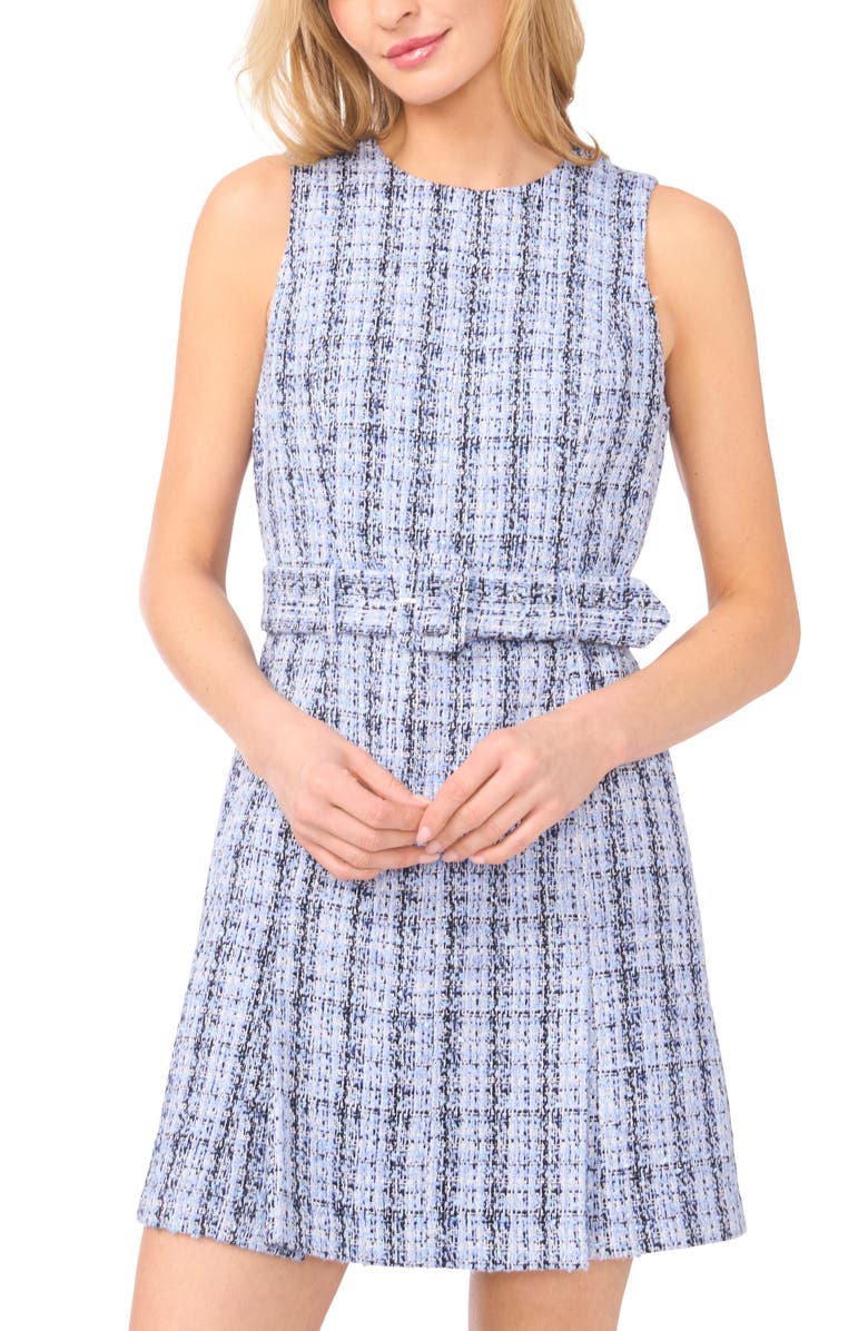 CeCe Belted Tweed Minidress, Alternate, color, Bellflower Blue
