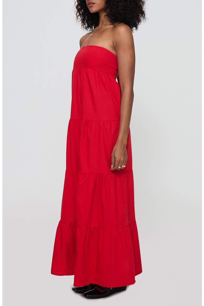Kazia Strapless Tiered Cotton & Linen Maxi Sundress, Alternate, color, RED