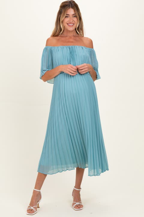 Pleated Off Shoulder Flounce Midi Dress
