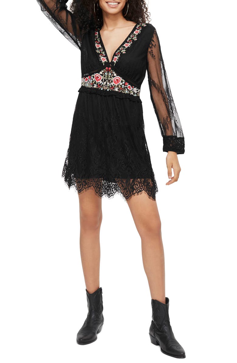 Topshop Embroidered Lace Dress, Main, color, Black