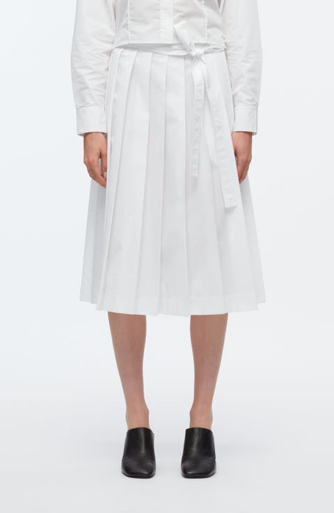 Knife Pleat Belted Midi Skirt