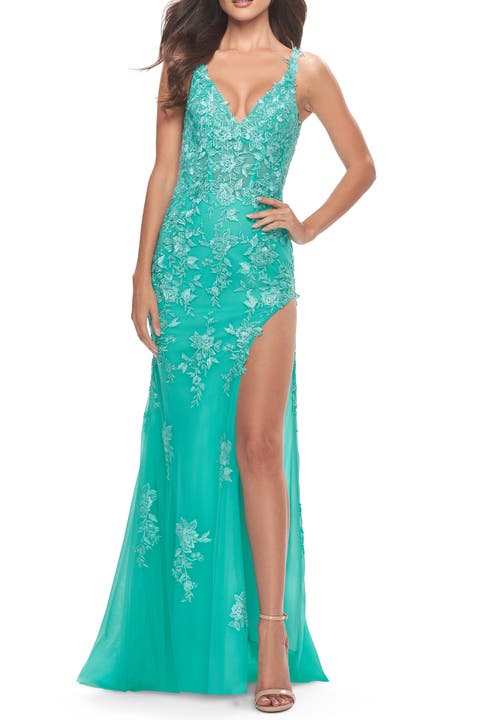 Lace Long Dress with High Side Slit and V Neckline