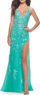 La Femme Lace Long Dress with High Side Slit and V Neckline