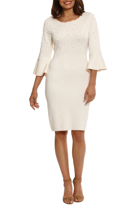 Faux Pearl Appliqué Bell Sleeve Dress