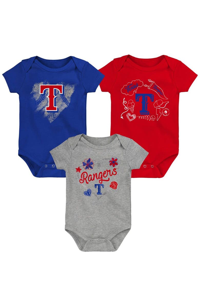 Outerstuff Girls Newborn & Infant Royal/Red/Heathered Gray Texas Rangers 3-Pack Batter Up Bodysuit Set, Main, color, 