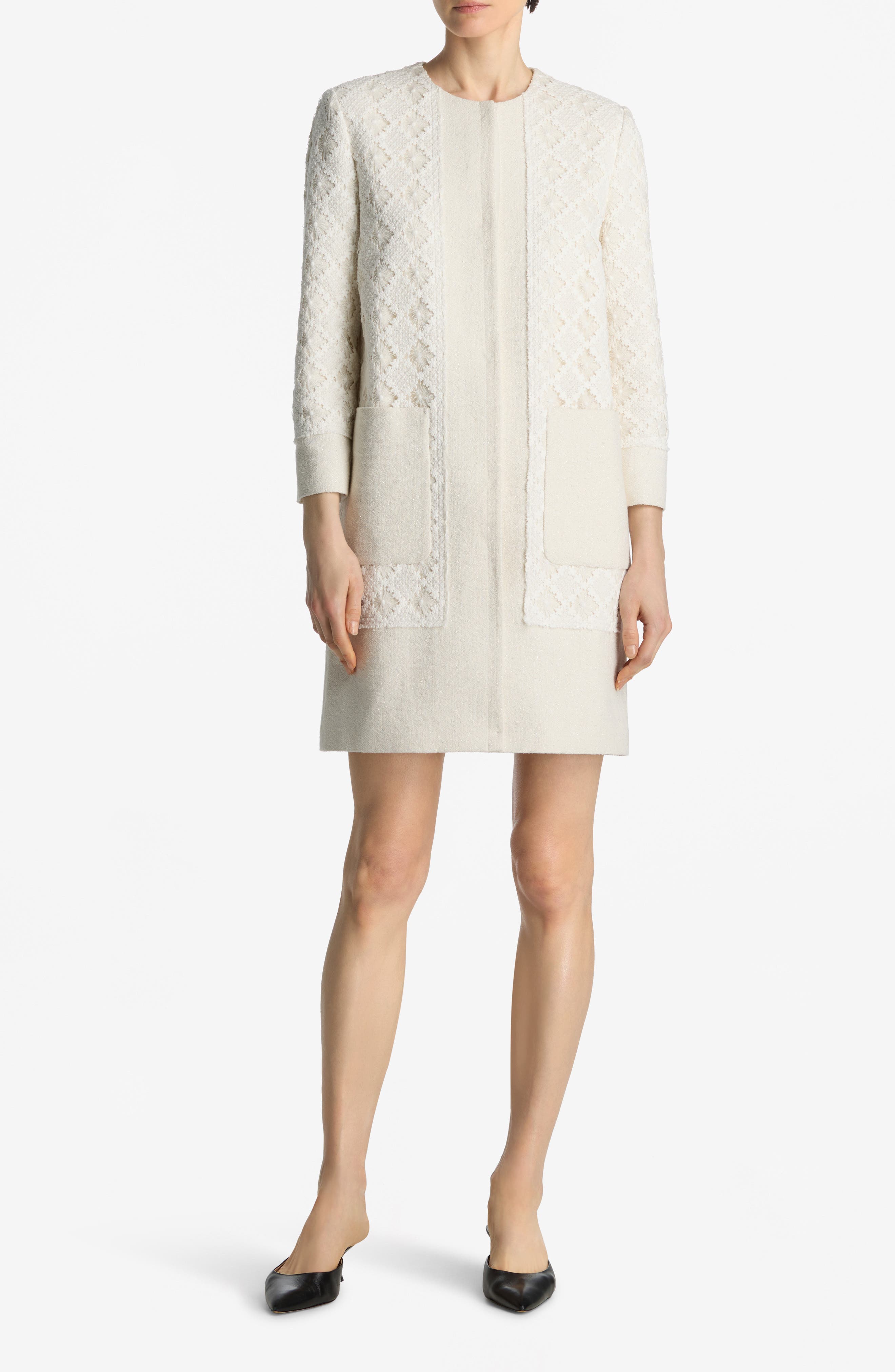 Metallic Tweed & Guipure Lace Long Jacket