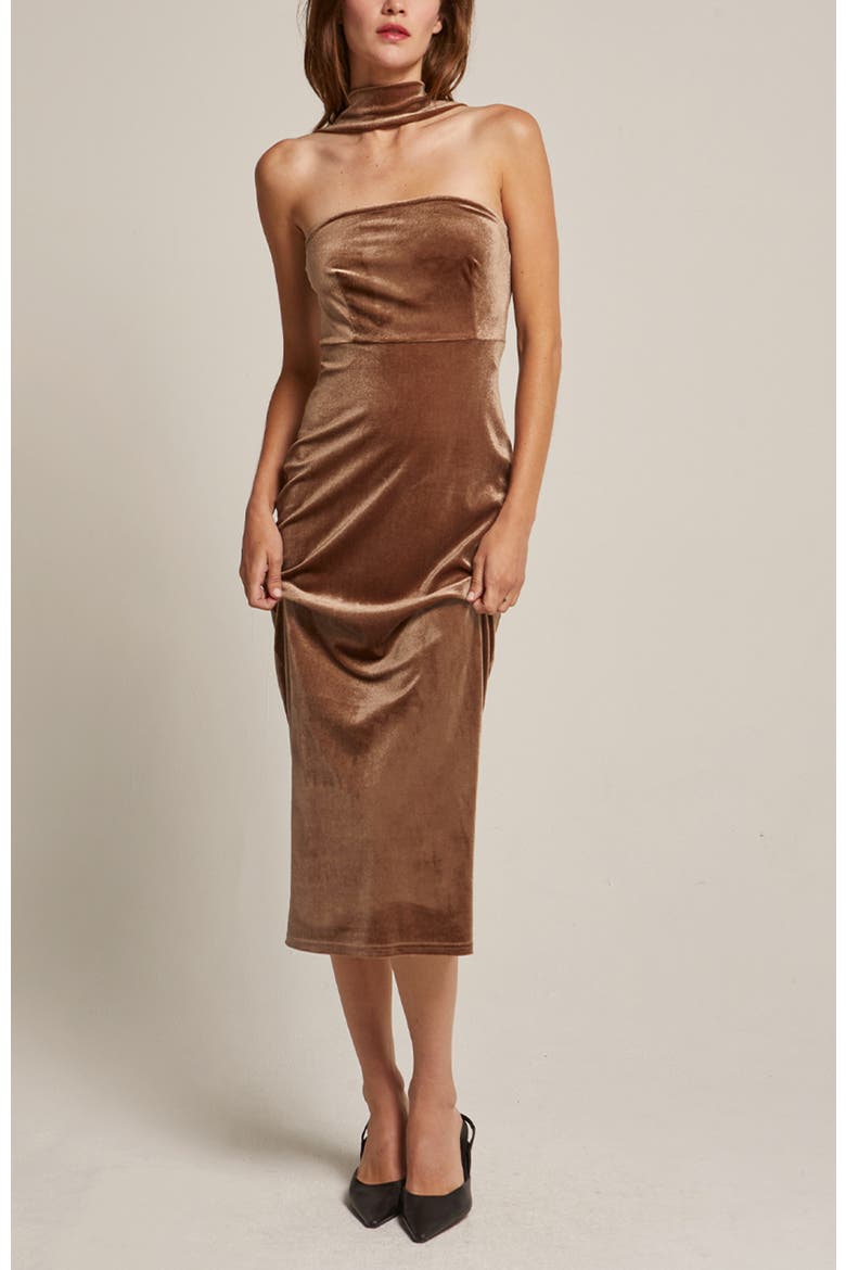 Halter Neck Velvet Tube Midi Dress, Main, color, Mocha Mousse