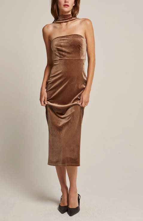 Halter Neck Velvet Tube Midi Dress
