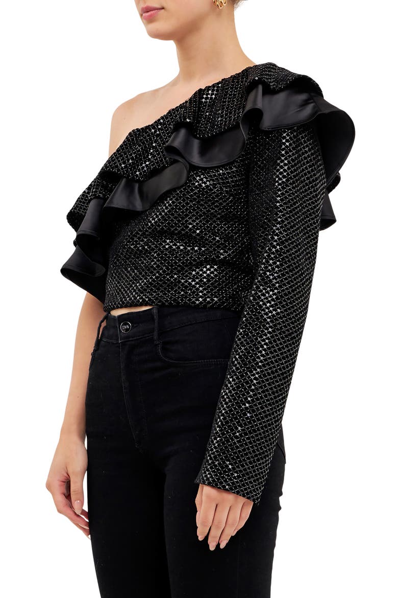 One-Shoulder Sequin & Velvet Top, Alternate, color, BLACK