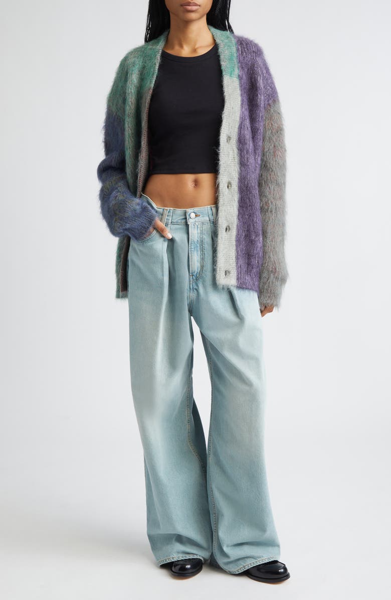 Waste Yarn Project Patti Colorblock Brushed One of a Kind Cardigan, Alternate, color, Green/ Purple Multi