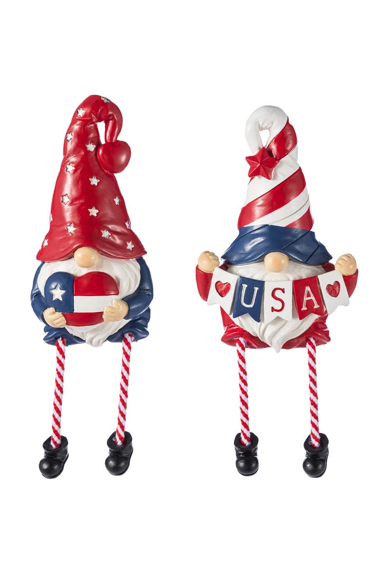 Glitzhome Set of 2 Patriotic Americana Polyresin Gnome with Dangling Legs Table Decor, Main, color, Blue