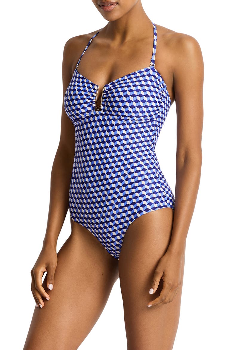 Solara Bar Bandeau One-Piece Swimsuit, Alternate, color, BLUE