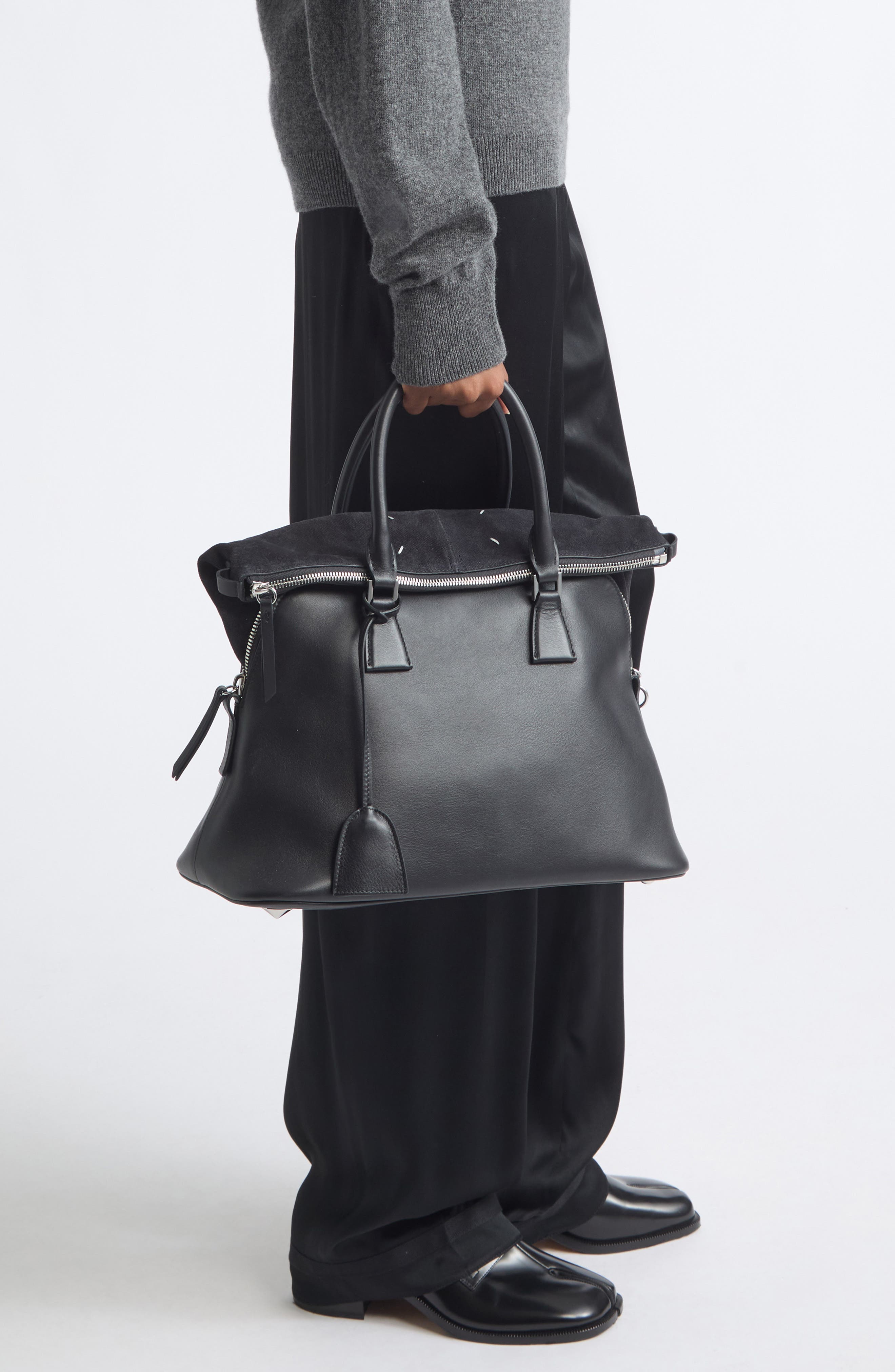 Medium 5AC Soft Leather & Canvas Top Handle Bag, Alternate, color, DARK GREY