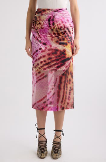 Dries Van Noten Womens Fuchsia Flower-print Ruched Woven-blend Midi Skirt In Pink