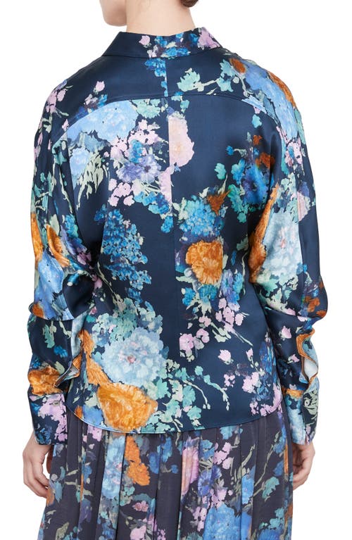 Vince Painted Bouquet Long Sleeve Silk Button-up Shirt In Blue
