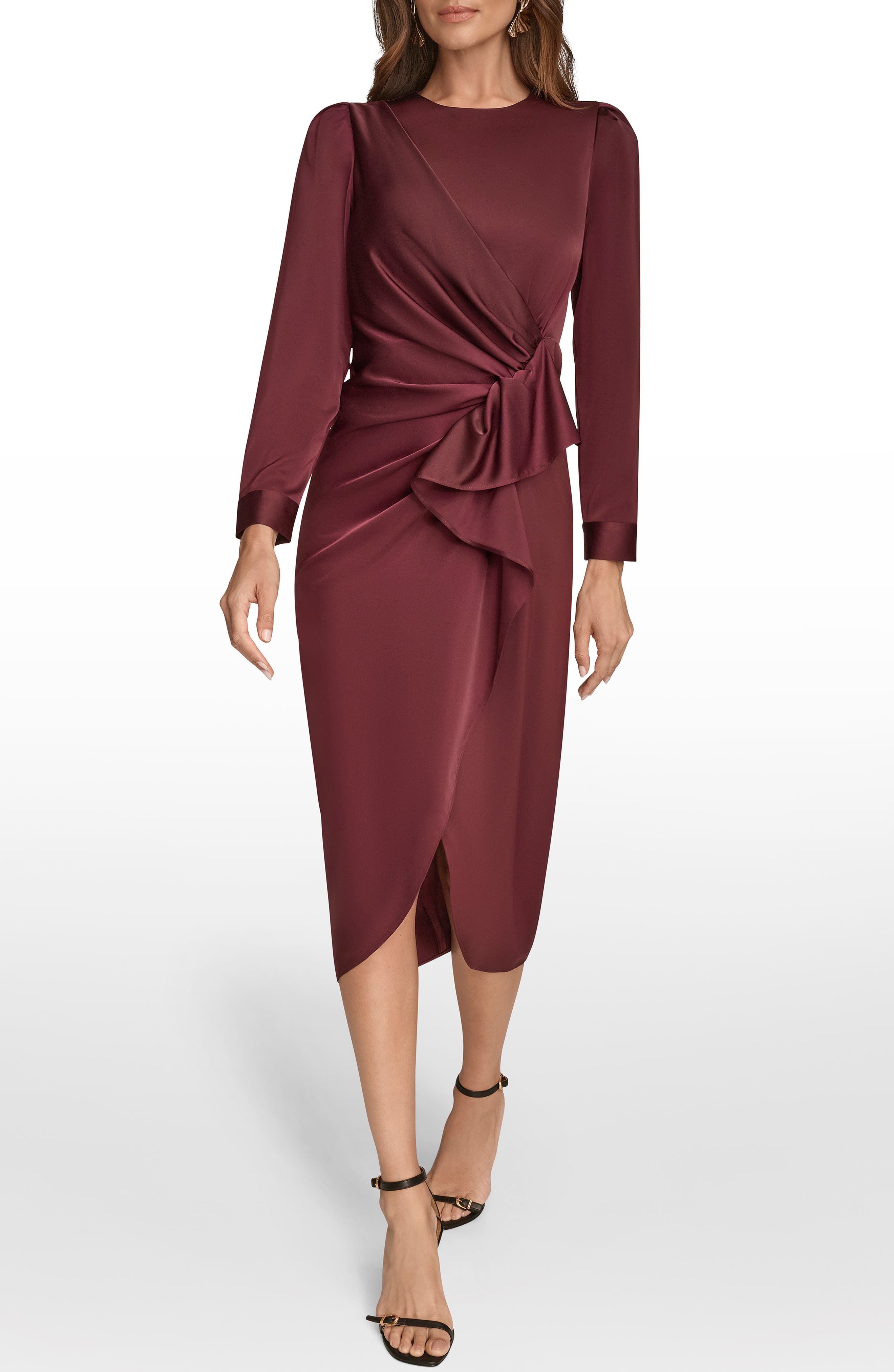 Donna Karan New York Long Sleeve Satin Faux Wrap Dress