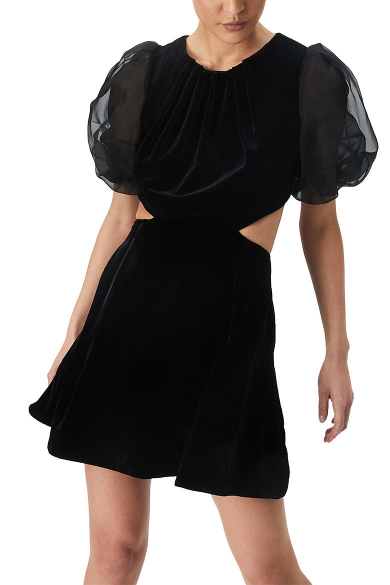 Malina Cutout Puff Sleeve Velour A-Line Minidress, Alternate, color, BLACK