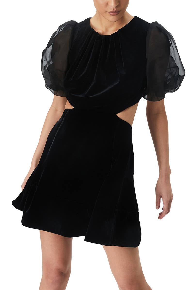 Bardot Malina Cutout Puff Sleeve Velour A-Line Minidress, Alternate, color, 