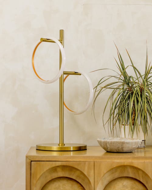 Brightech Saturn 21" Led Table Lamp With Built-in 3-way Dimmer And 2 Removable Ring Lights In Antique Brass