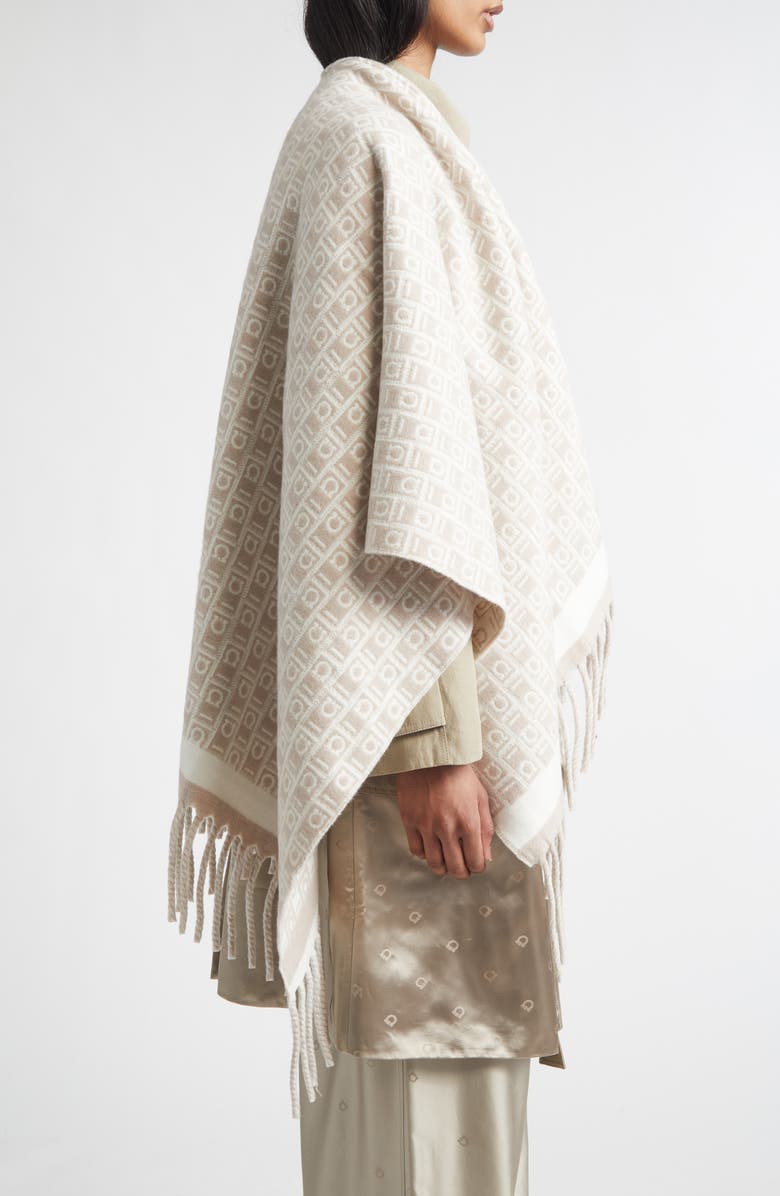 FERRAGAMO Gancini Monogram Wool Fringe Cape, Alternate, color, Mascarpone