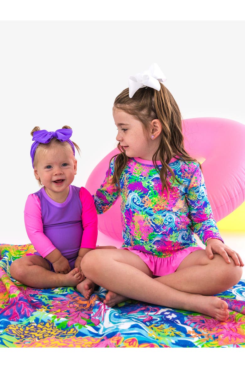 Toddler Girls UPF50+ Long Sleeve Rash Guard Bikini, Alternate, color, Neon Ocean Coral
