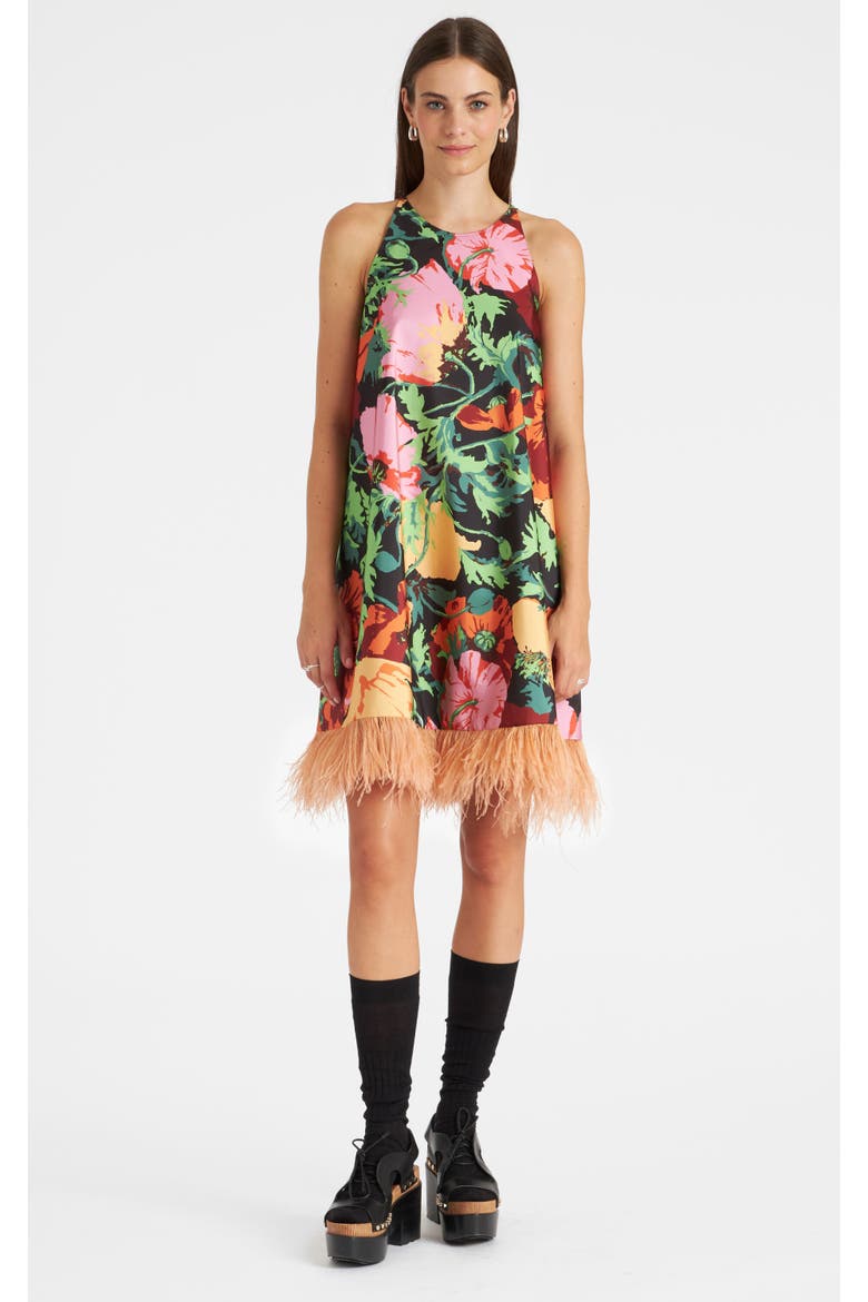 La Fenice Mini Dress With Feathers Wonderland Black, Main, color, Wonderland Black