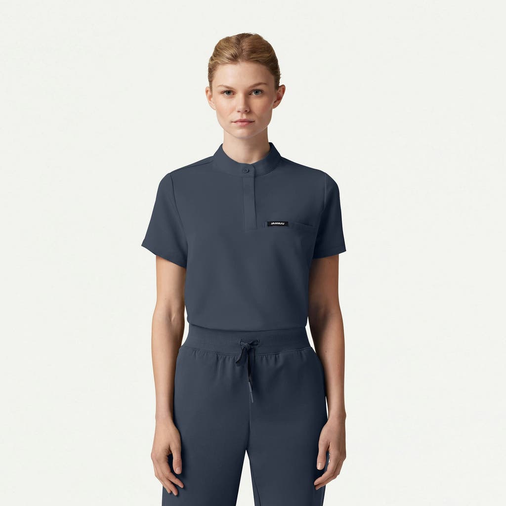 Jaanuu 1-pocket Classic Banded Collar Scrub Top In Blue