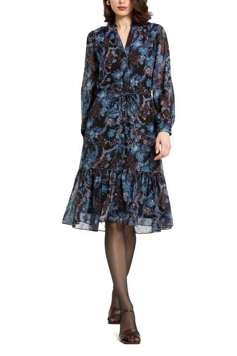 Lurex Chiffon Bishop Sleeve Button Up Midi Dress