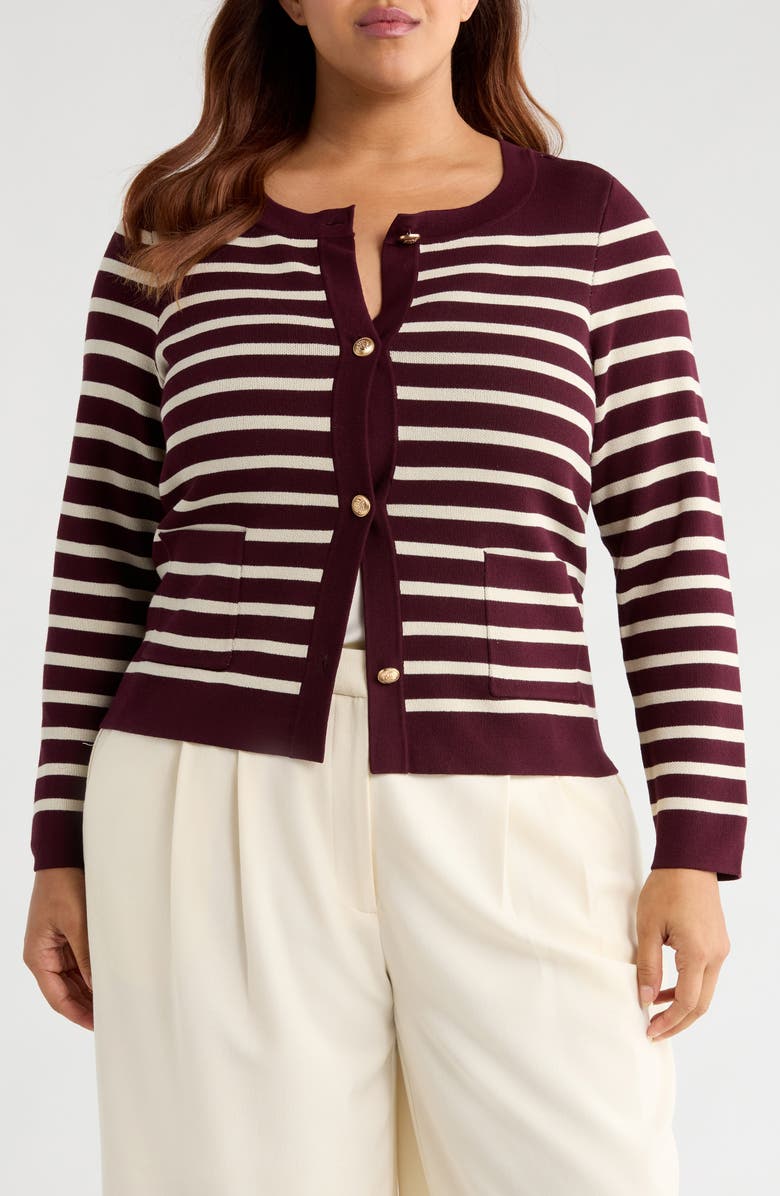 Tahari ASL Stripe Cardigan, Main, color, Plum Vanilla