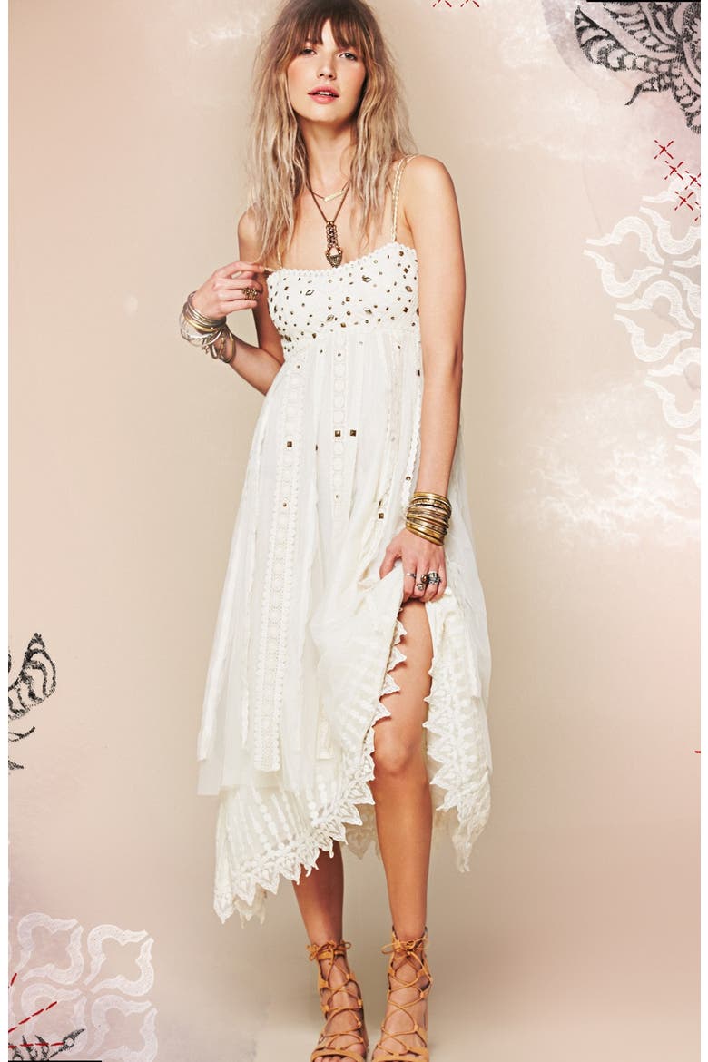 Stud Lace Trim Midi Dress, Alternate, color, IVORY