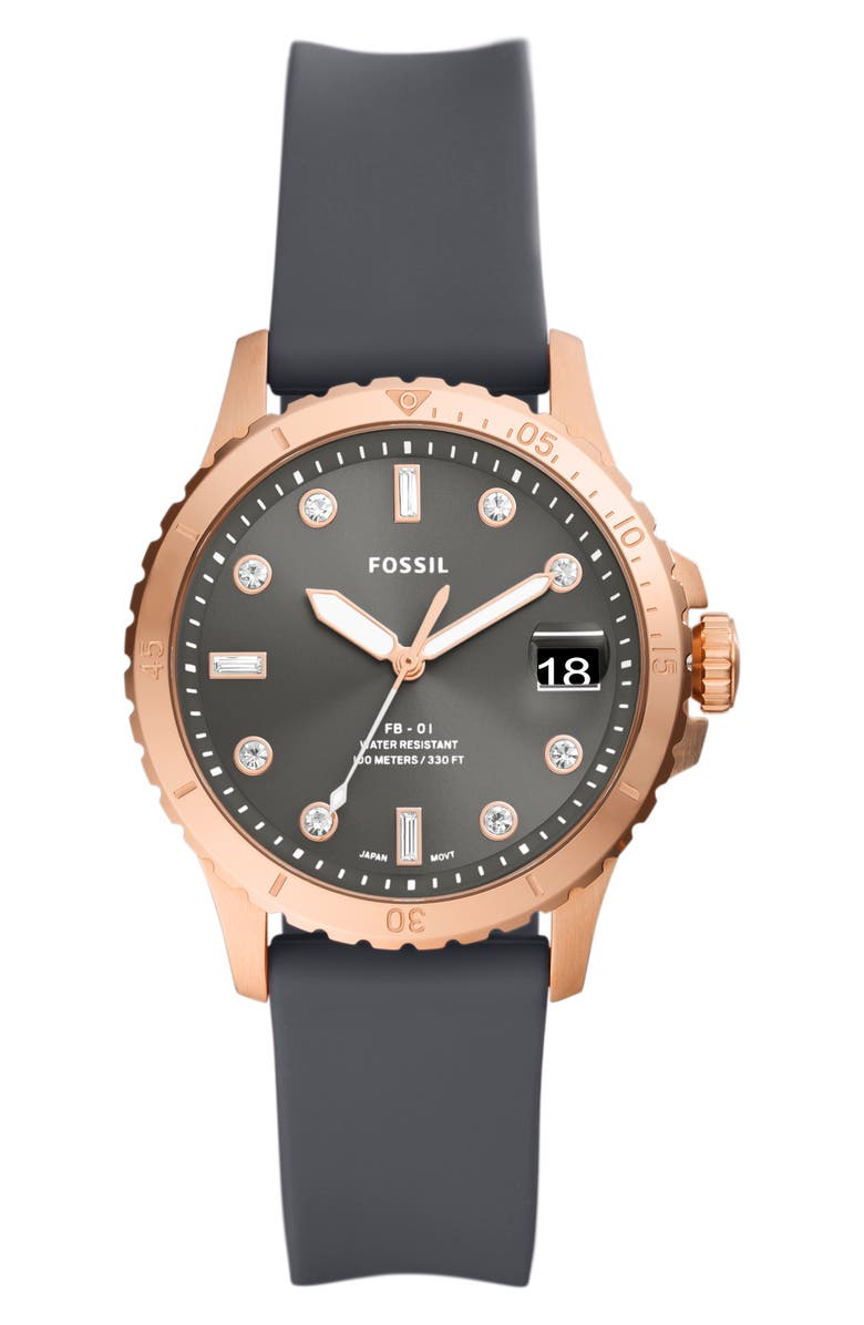 Fossil FB-01 Crystal Silicone Strap Watch, 36mm, Main, color,