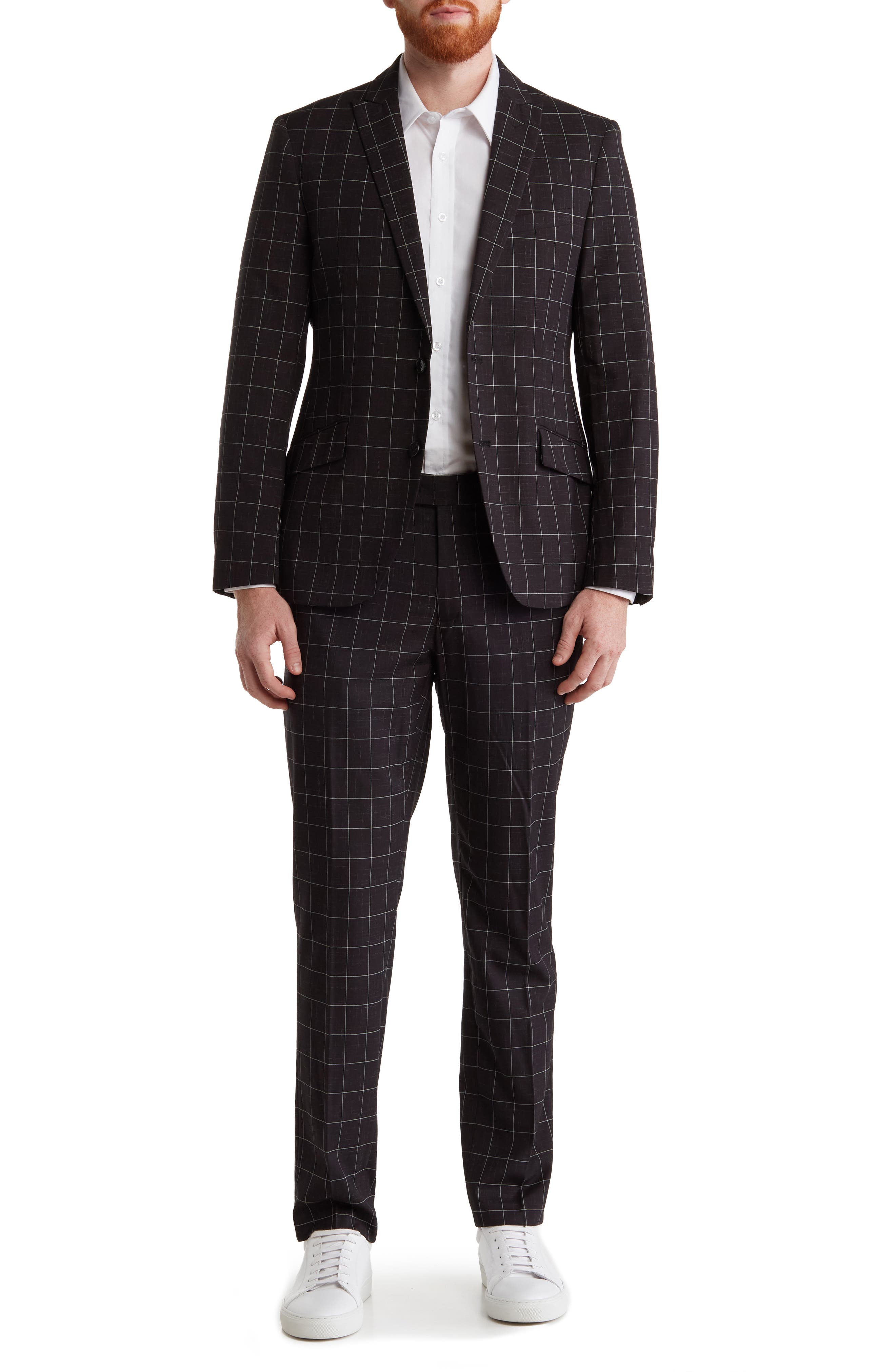 SAVILE ROW CO Black Windowpane Plaid Two Button Peak Lapel Suit