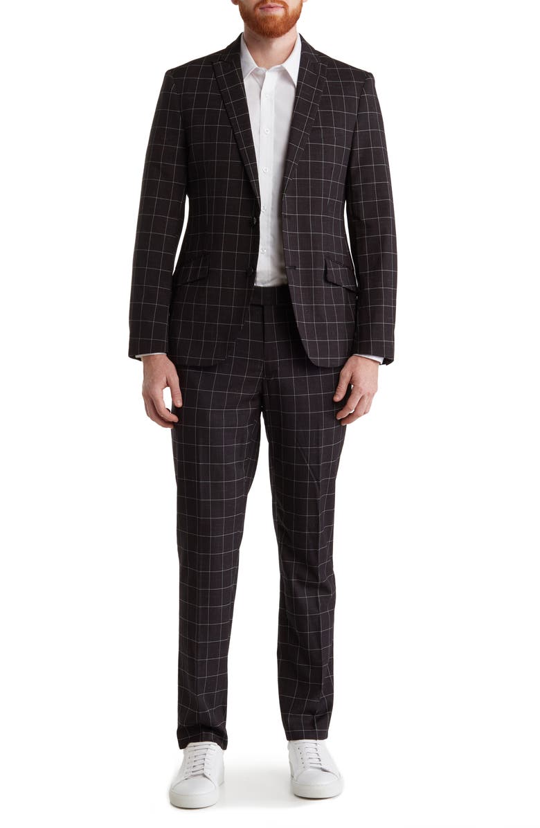 SAVILE ROW CO Black Windowpane Plaid Two Button Peak Lapel Suit, Main, color, Black