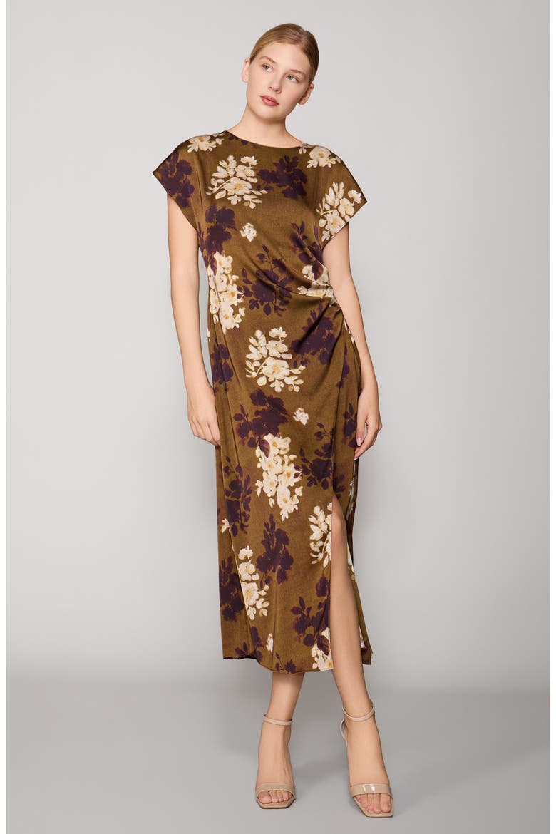 Cap Sleeve Satin Midi Dress, Alternate, color, CUMIN MULTI