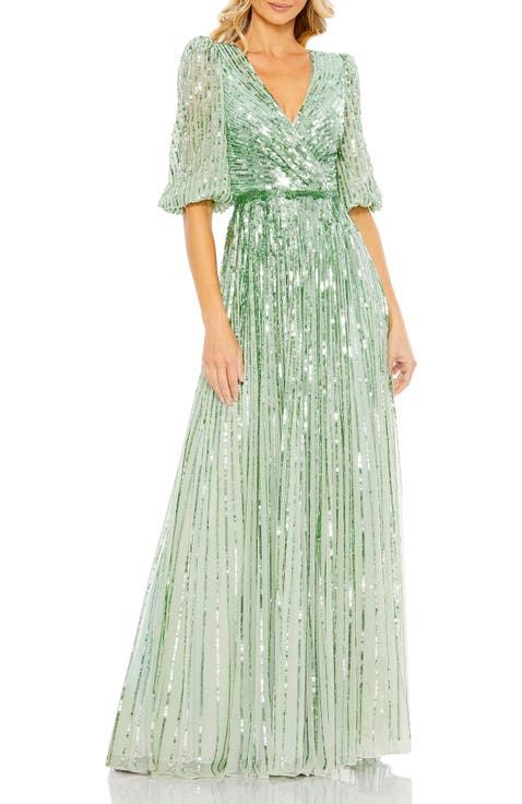 Sequined Wrap Over 3/4 Sleeve Gown