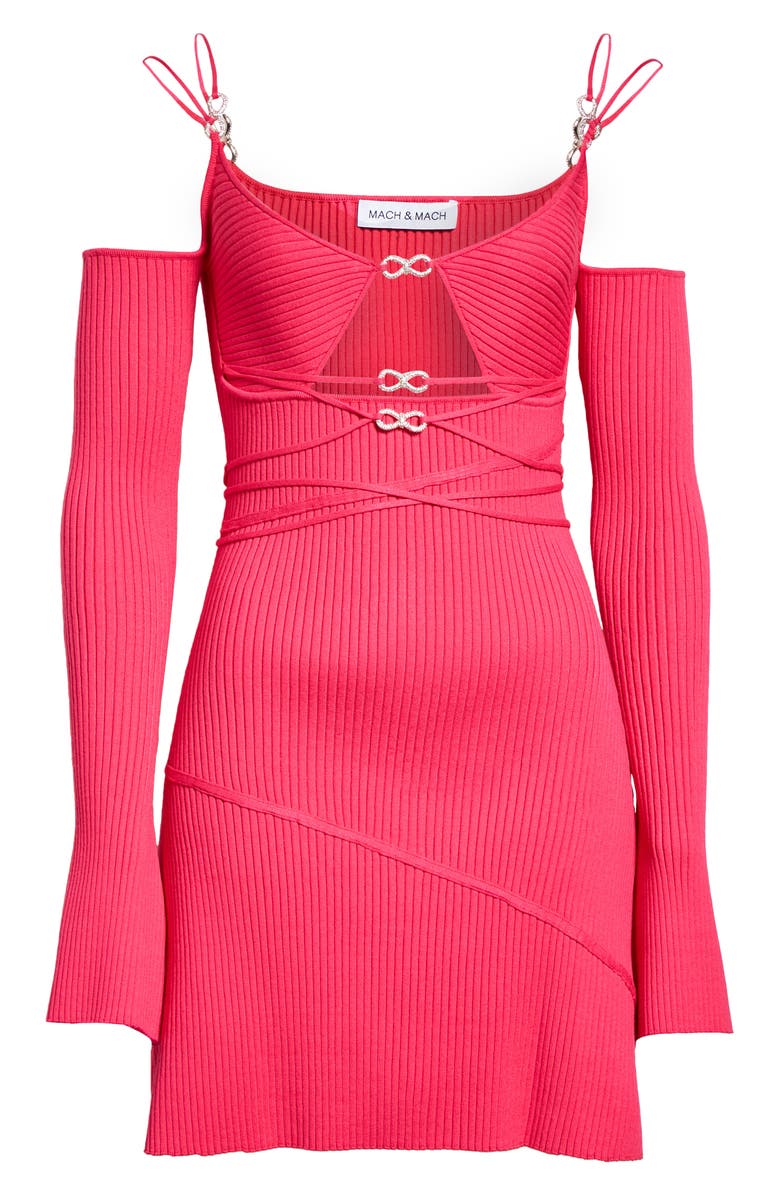Mach & Mach Crystal Bow Ribbed Cutout Long Sleeve Sweater Dress, Alternate, color,