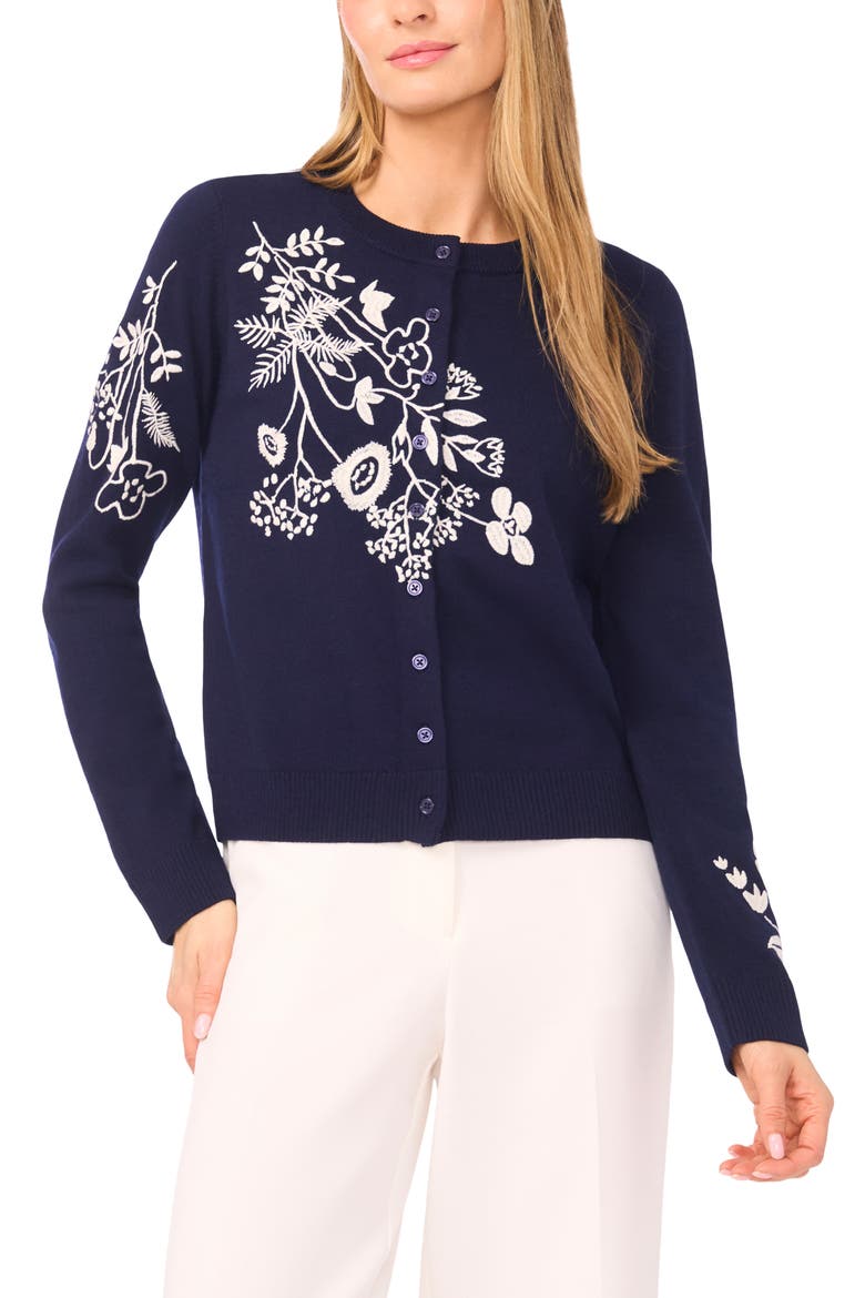 Embroidered Floral Button Front Cardigan, Main, color, CLASSIC NAVY
